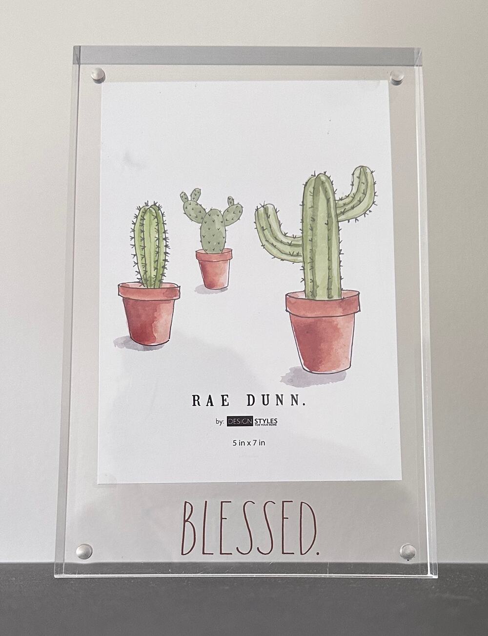 Rae Dunn BLESSED 5x7 Acrylic Photo Frame Gold Lettering Cactus Floral Insert